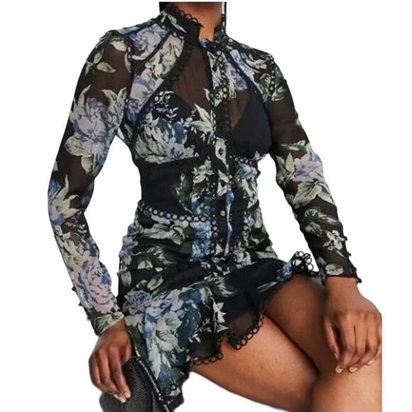 ASOS DESIGN Dark Floral Lace Trim Mini Dress w Cut Out Back Sheer Long Sleeves - Picture 8 of 9